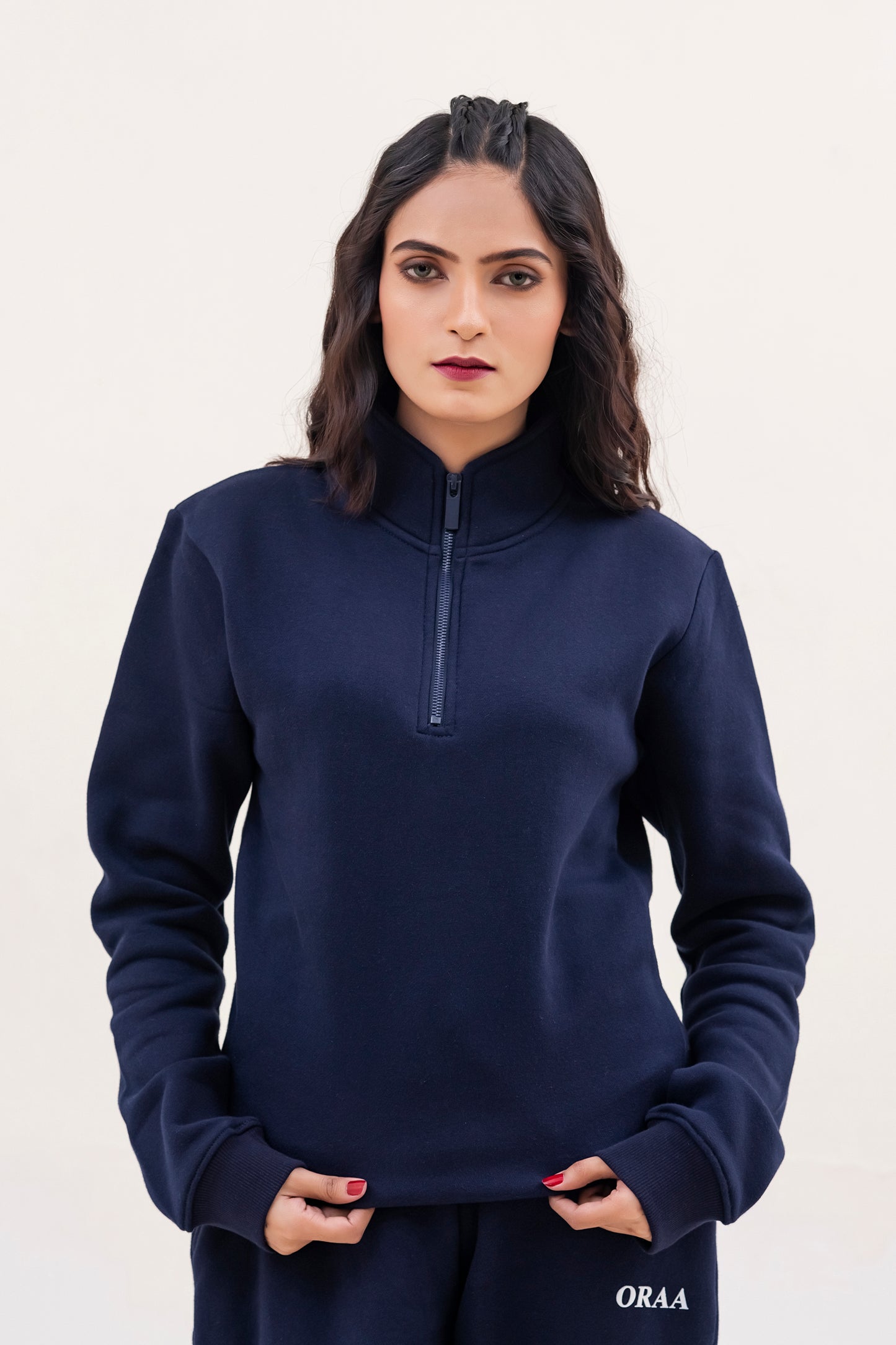 Navy Blue Plain Mock Neck Quarter Zipper