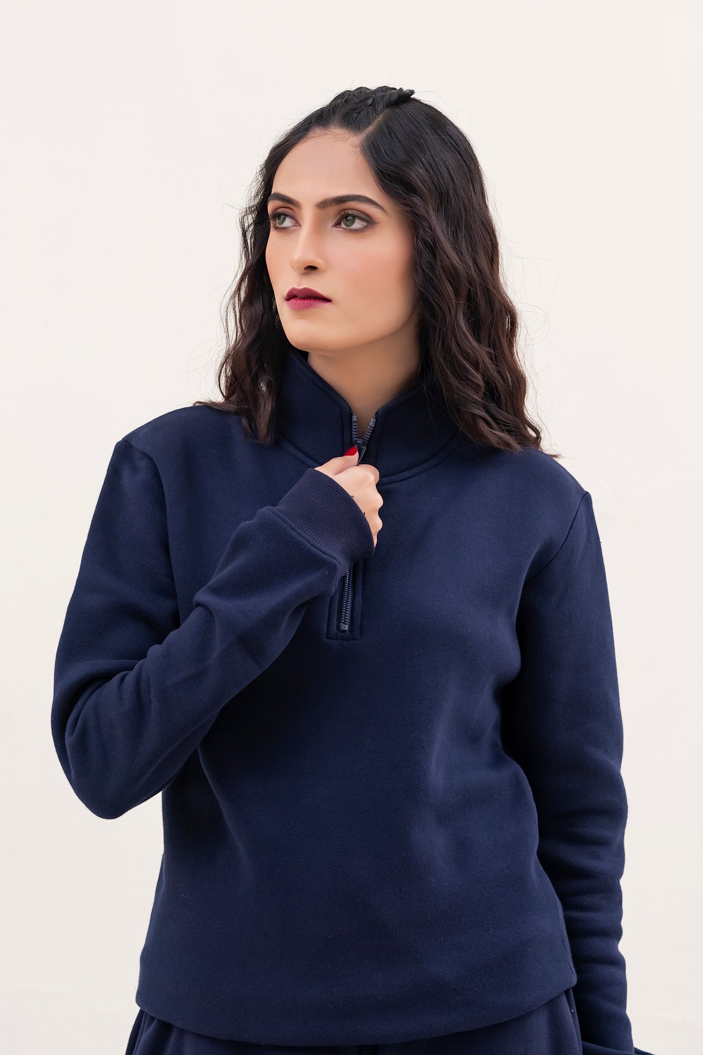 Navy Blue Plain Mock Neck Quarter Zipper