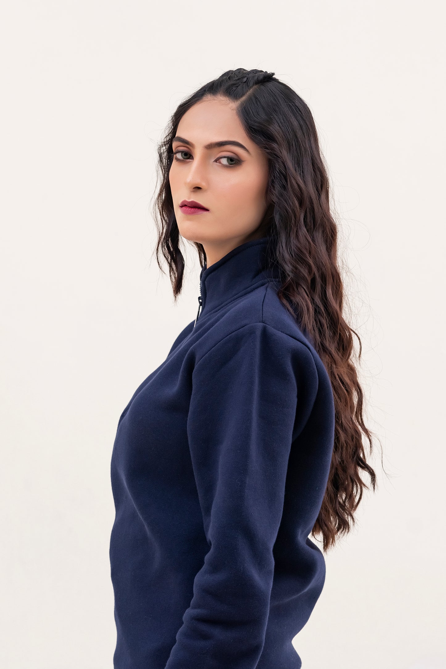 Navy Blue Plain Mock Neck Quarter Zipper