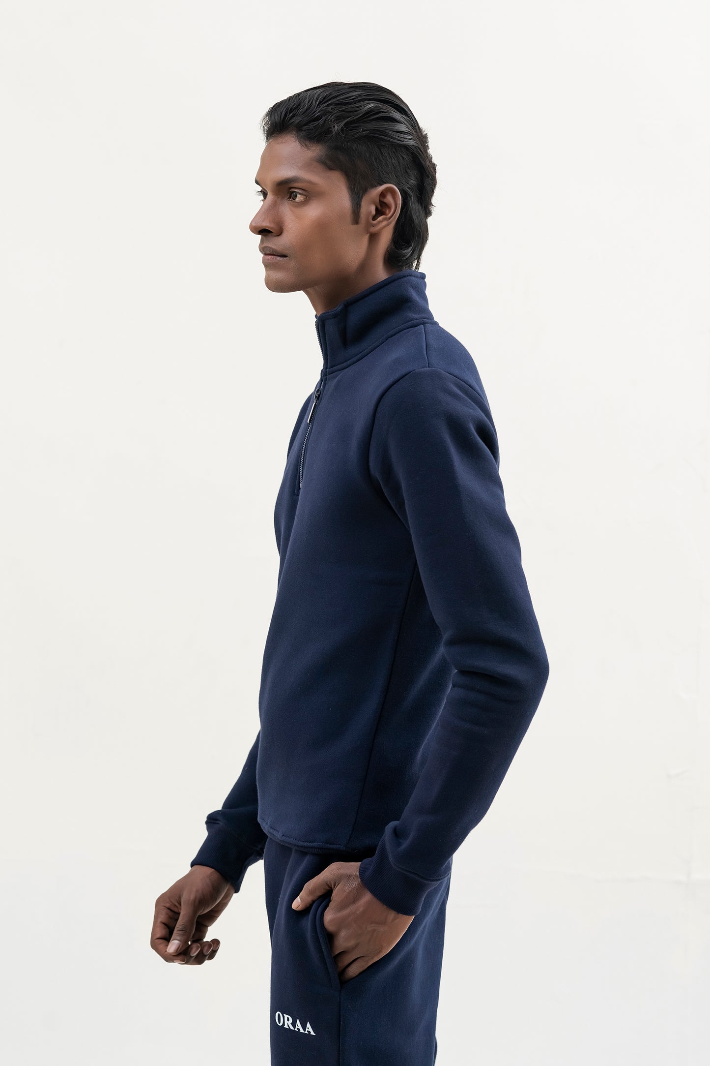 Navy Blue Plain Mock Neck Quarter zipper
