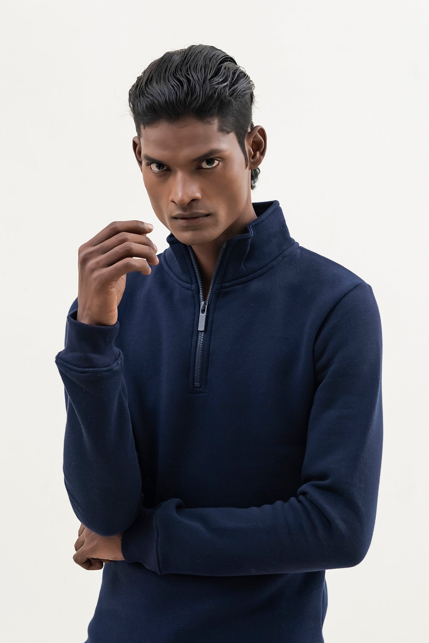 Navy Blue Plain Mock Neck Quarter zipper