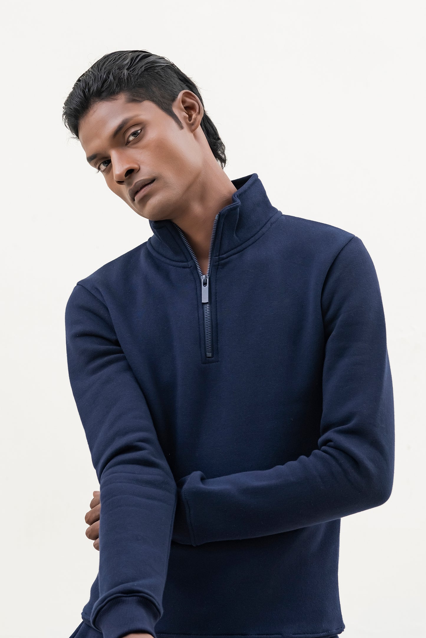 Navy Blue Plain Mock Neck Quarter zipper