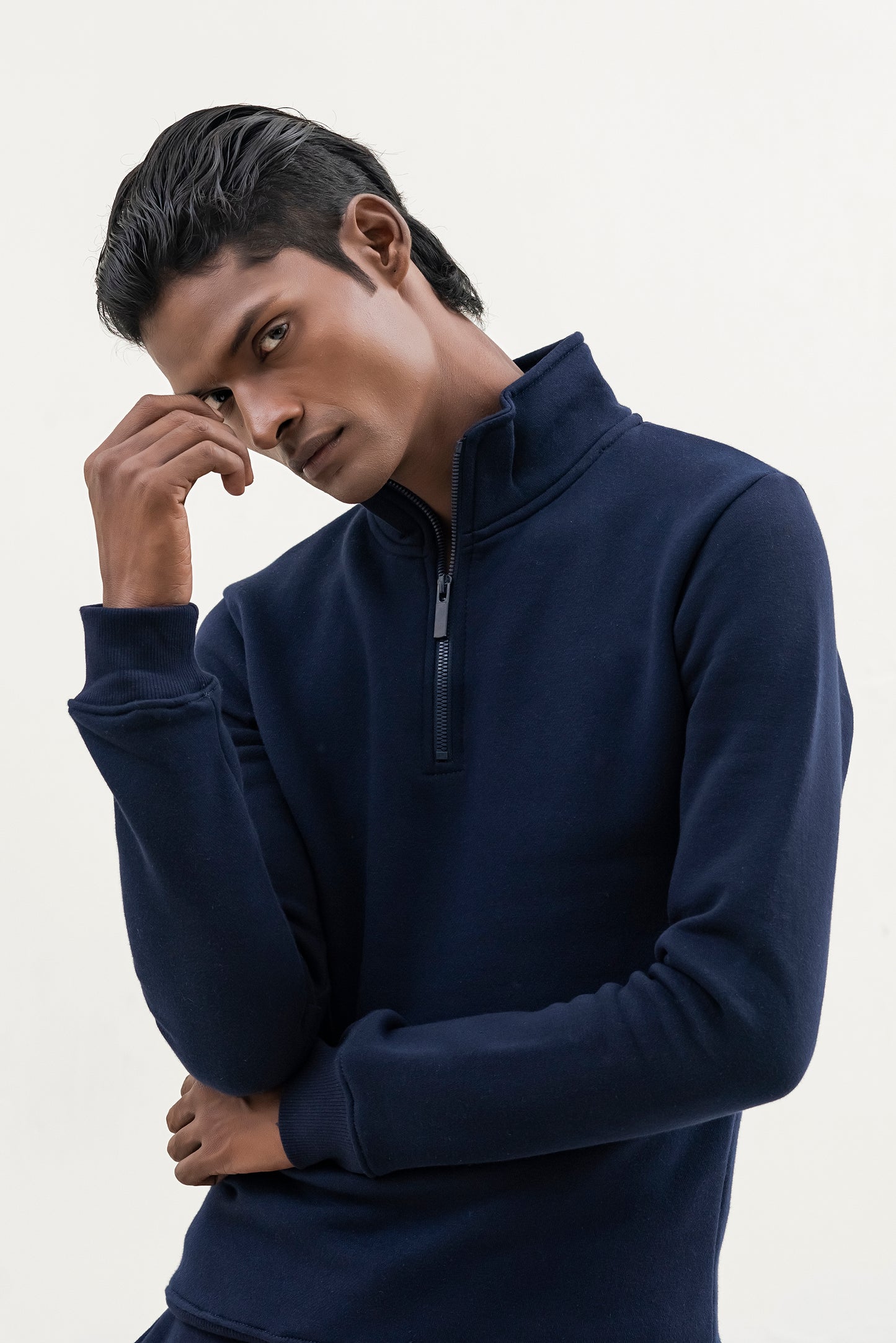Navy Blue Plain Mock Neck Quarter zipper