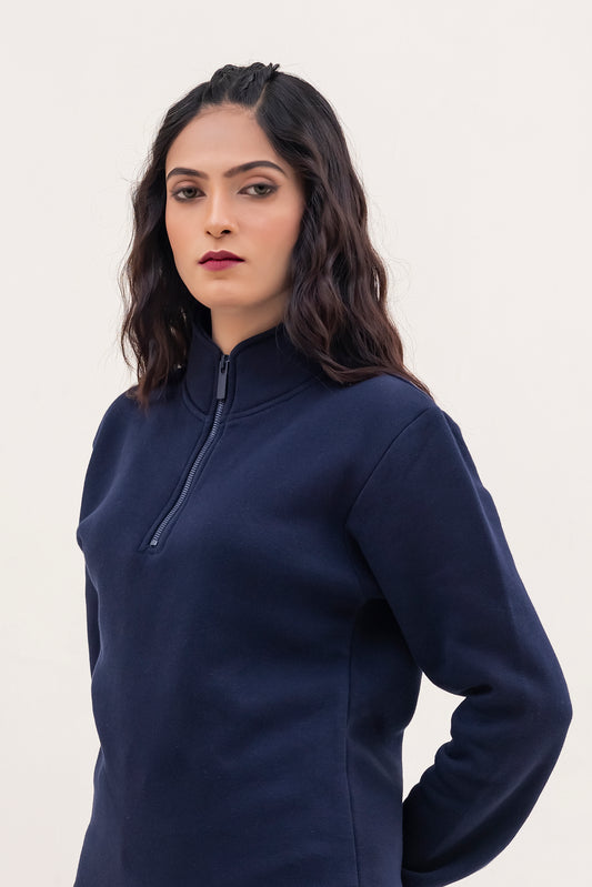 Navy Blue Plain Mock Neck Quarter Zipper