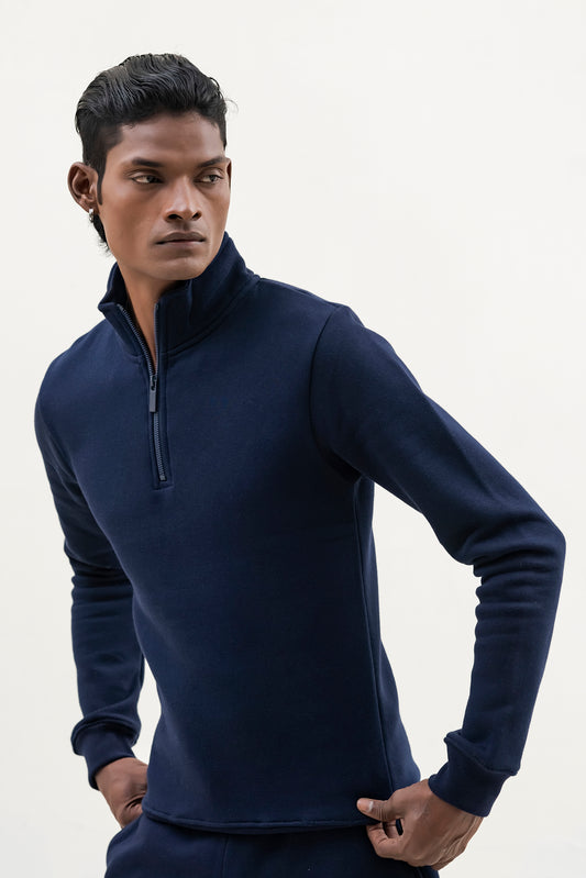 Navy Blue Plain Mock Neck Quarter zipper